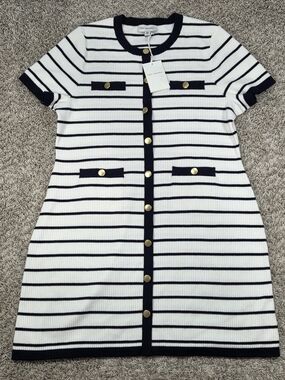 Free Assembly Navy White Striped Knit Mini Dress Gold Button XXL NWT